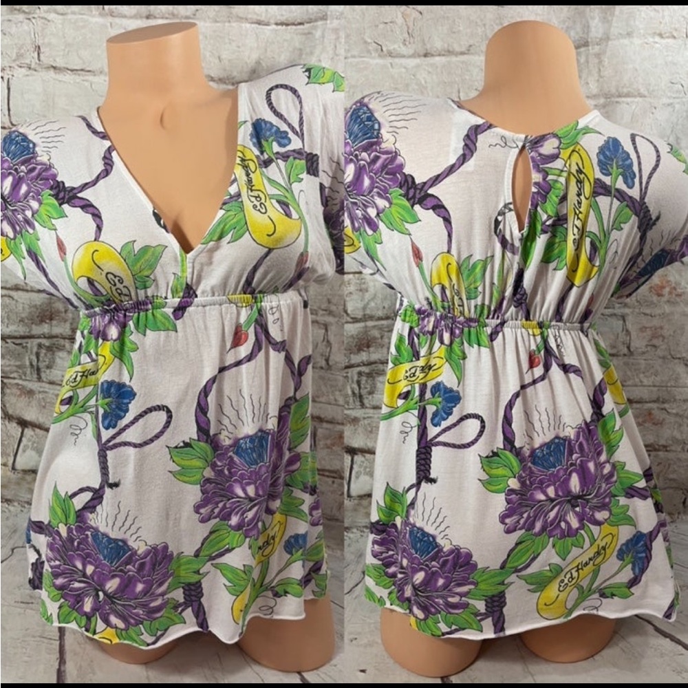 Ed Hardy VINTAGE Y2K Top 
Peasant 
Empire Elastic
LOGO Floral Diamond Pullover